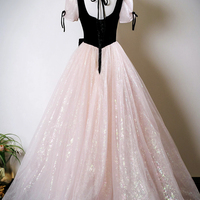 Black Velvet and Pink Tulle Long A-Line Prom Party Dress - Thumbnail 1