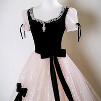 Black Velvet and Pink Tulle Long A-Line Prom Party Dress - Thumbnail 2