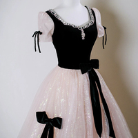Black Velvet and Pink Tulle Long A-Line Prom Party Dress - Thumbnail 3