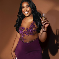 Grape Prom Dresses for Special Occasions Illusion Promdress Appliqued Beaded Lace Pearls Decorated Birthday Party Dress Second Reception Gown - Thumbnail 1