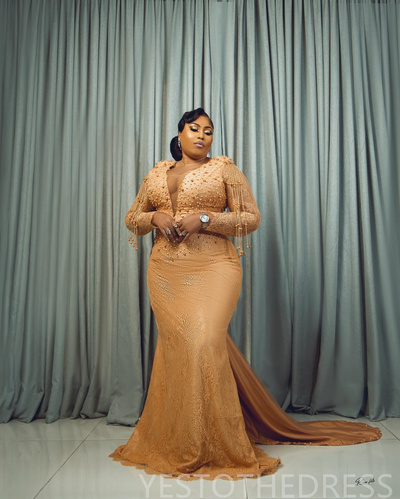 Gold Prom Dresses for Special Occasions Promdress Long Sleeves Pearls Decorated Lace Beading Tassel Birthday Party Dress Receptio