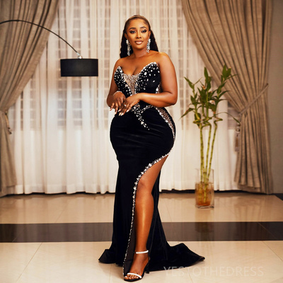 Black prom dresses for special occasions promdress illusion beaded rhinestones decorated side split birthday dress second reception dress