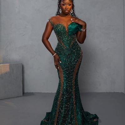 African nigeria plus size prom dresses for black women illusion sheer neck mermaid short sleeves sequined lace evening dresses formal dress 