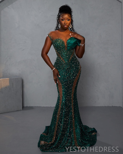African Nigeria Plus Size Prom Dresses for Black Women Illusion Sheer Neck Mermaid Short Sleeves Sequined Lace Evening Dresses Formal Dress 