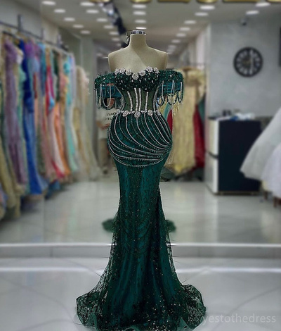 Prom Dresses For Black Women Hunter Green Evening Gowns Off Shoulder Beaded Lace Tassel Beading Formal Birthday Dresses