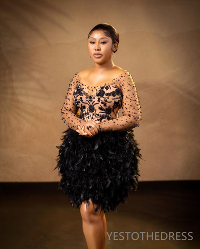 Black Cocktail Dresses For Women Short Prom Dresses Mini Dresses Illusion Jewel Long Sleeves Feathered Beaded Birthday Dresses