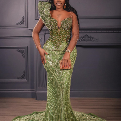 Prom dresses green mermaid promdress illusion evening formal gown sheer neck long sleeves beaded lace birthday second reception dress