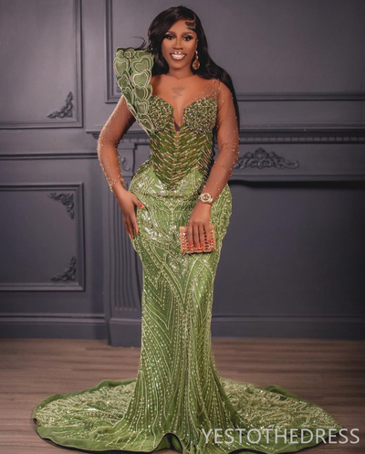 Prom Dresses Green Mermaid Promdress Illusion Evening Formal Gown Sheer Neck Long Sleeves Beaded Lace Birthday Second Reception Dress