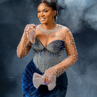 Navy Blue Prom Dress Evening Dresses Elegant Sheer Neck Velvet Mermaid Beaded Rhinestones Crystals Decorated 50TH Birthday Dress - Thumbnail 1