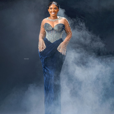 Navy blue prom dress evening dresses elegant sheer neck velvet mermaid beaded rhinestones crystals decorated 50th birthday dress