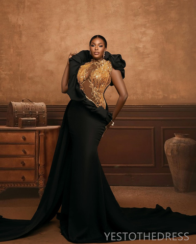 Gold Prom Dresses For Special Occasions Mermaid Promdress Evening Formal Dresses Beaded Lace Illusion High Neck Vestido Second Dress