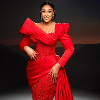 Red Prom Dress Evening Dresses For Special Occasions Mermaid Sheer Neck Long Sleeves Beaded Lace Pearls Birthday Dress - Thumbnail 1