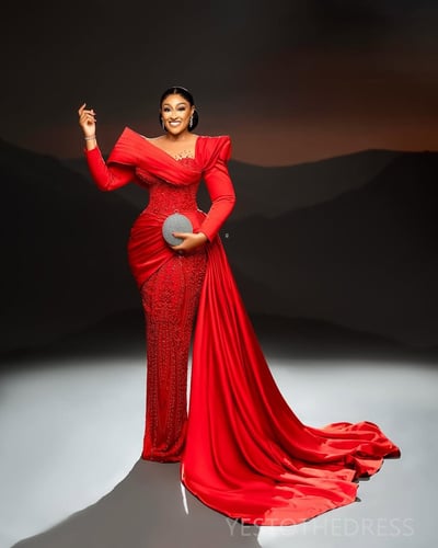 Red Prom Dress Evening Dresses For Special Occasions Mermaid Sheer Neck Long Sleeves Beaded Lace Pearls Birthday Dress