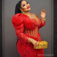 Red Prom Dress Evening Dresses Formal Gowns For Women Sheer Neck Long Sleeves Beaded Lace Rhinestones Birthday Dress Second - Thumbnail 1