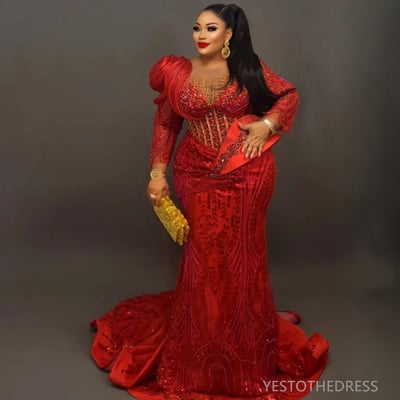 Red prom dress evening dresses formal gowns for women sheer neck long sleeves beaded lace rhinestones birthday dress second