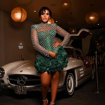 Green cocktail dresses for women short prom dresses mini dresses high neck long sleeves beaded lace flora birthday dresses