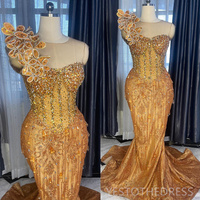 Prom Dresses for Black Women Promdress Mermaid Long Sleeves Appliqued Beaded Lace Crystals Birthday Dress Second Dress - Thumbnail 1