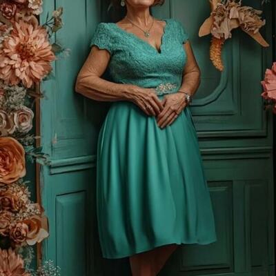 Green a line chiffon lace tea-length mother of bride/groom dress evening formal gown