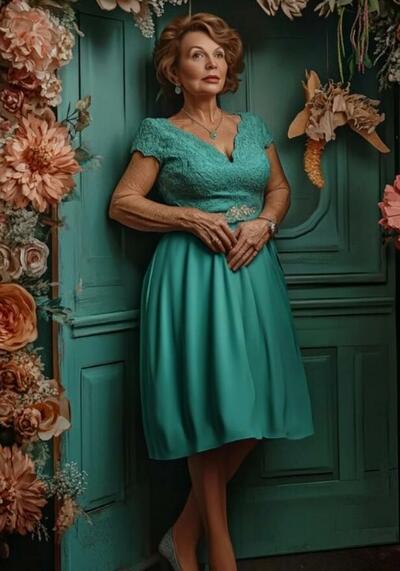 Green A Line Chiffon Lace Tea-length Mother of Bride/Groom Dress Evening Formal Gown