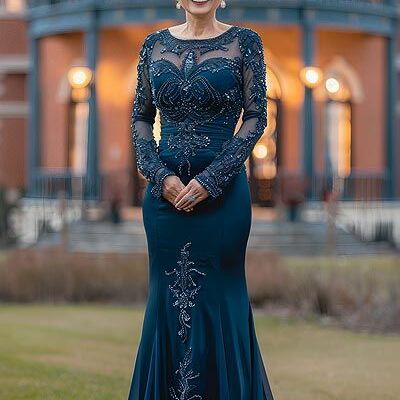 Navy blue sheath lace appliques mother of bride/groom dress evening formal gown
