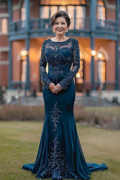 Navy Blue Sheath Lace APpliques Mother of Bride/Groom Dress Evening Formal Gown