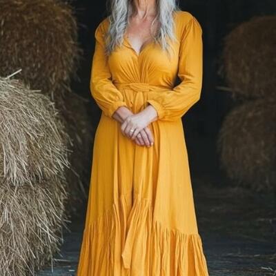 Yellow a line long sleeve mother of bride/groom dress evening formal gown