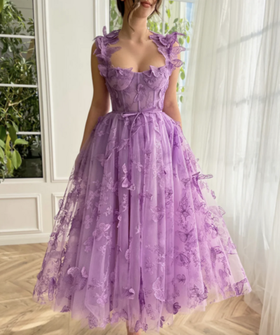 3D Butterfly Lace Appliques Prom Dresses for Women Tulle Wedding Guest Dress Long Formal Ball Gown,1939