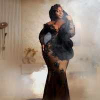 Black Mermaid Prom Dress Evening Dresses Elegant Sheer Neck Long Sleeves Beaded Lace Birthday Dress Second Reception Gowns - Thumbnail 1