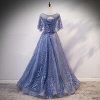 Unique Round Neck Tulle Lace Long Prom Dress Blue Lace Evening Dress,1133 - Thumbnail 1