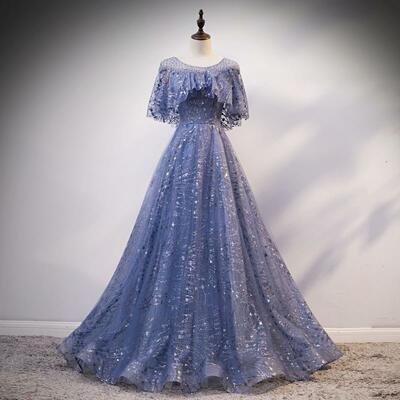 Unique round neck tulle lace long prom dress blue lace evening dress,1133