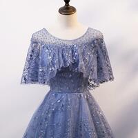 Unique Round Neck Tulle Lace Long Prom Dress Blue Lace Evening Dress,1133 - Thumbnail 2
