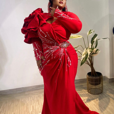 Red prom dress mermaid promdress evening formal gowns long sleeves beaded sequined crystals decorated birthday dress second dress
