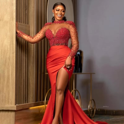 Red prom dress mermaid evening dresses formal gowns high neck long sleeves beaded pearls side split 40th birthday dress second