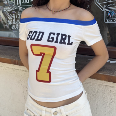 Retro digital and alphabet print one-shoulder short-sleeved t-shirt - Thumbnail 3