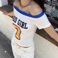 Retro digital and alphabet print one-shoulder short-sleeved T-shirt - Thumbnail 6