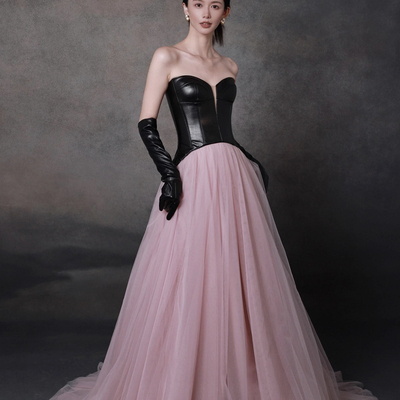 Black leather and pink tulle long prom dress, chic a-line evening dress - Thumbnail 2