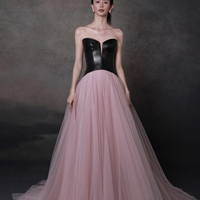 Black Leather and Pink Tulle Long Prom Dress, Chic A-Line Evening Dress - Thumbnail 1