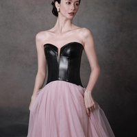 Black Leather and Pink Tulle Long Prom Dress, Chic A-Line Evening Dress - Thumbnail 2