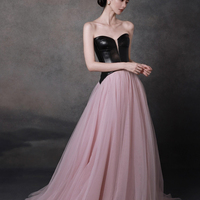 Black Leather and Pink Tulle Long Prom Dress, Chic A-Line Evening Dress - Thumbnail 3