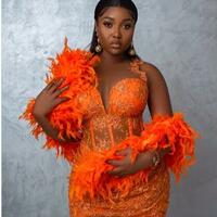 Wrap for Orange Plus Size Orange Cocktail Dresses For Women Short Prom Dresses Mini Dresses Spaghetti Straps Beaded Lace Illusion Birthday Dresses - Thumbnail 1