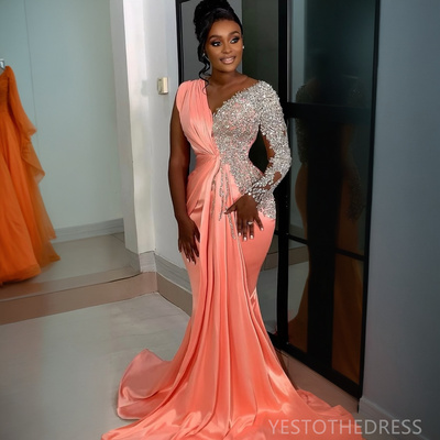 Watermelon Prom Dress Mermaid Evening Dresses Formal Gowns Sheer Neck Beaded Long Sleeves Rhinestones Birthday Dress