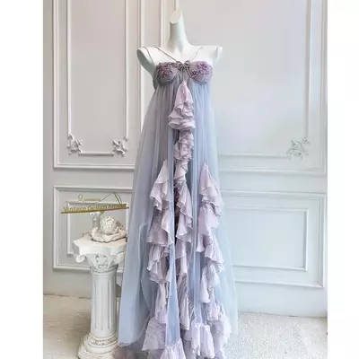Vintage lavender beaded gown with ruffle tulle overlay , handmade boho maxi dress for special occasions