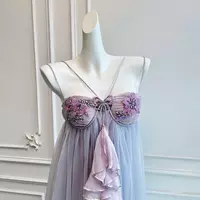 Vintage Lavender Beaded Gown with Ruffle Tulle Overlay , Handmade Boho Maxi Dress for Special Occasions - Thumbnail 1