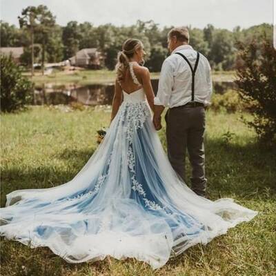Open back lace wedding dresses blue tulle wedding gowns a line boho bridal dress with court train,1943 - Thumbnail 1