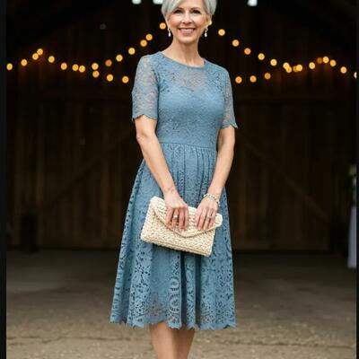 Blue a line tea-length lace mother of bride/groom dress evening formal gown