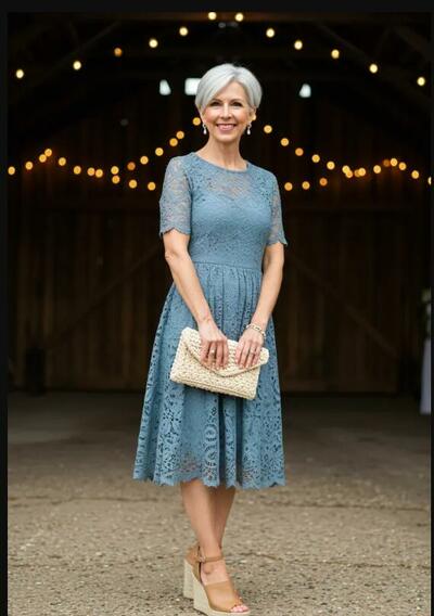 Blue A Line Tea-length Lace Mother of Bride/Groom Dress Evening Formal Gown