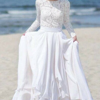 Vintage a-line long sleeve lace chiffon beach wedding dresses,1942 - Thumbnail 1