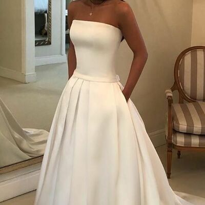 White strapless a-line pockets satin full length wedding dress,1945 - Thumbnail 1