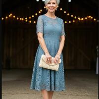 Blue A Line Tea-length Lace Mother of Bride/Groom Dress Evening Formal Gown - Thumbnail 4