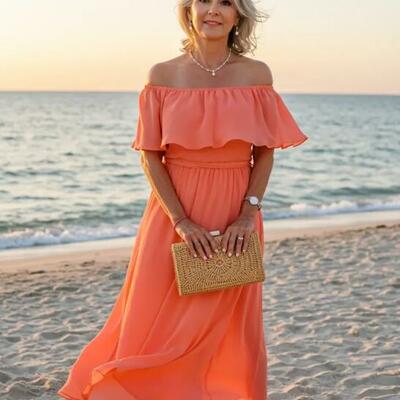 Orange a line off the shoulder chiffon mother of bride/groom dress evening formal gown